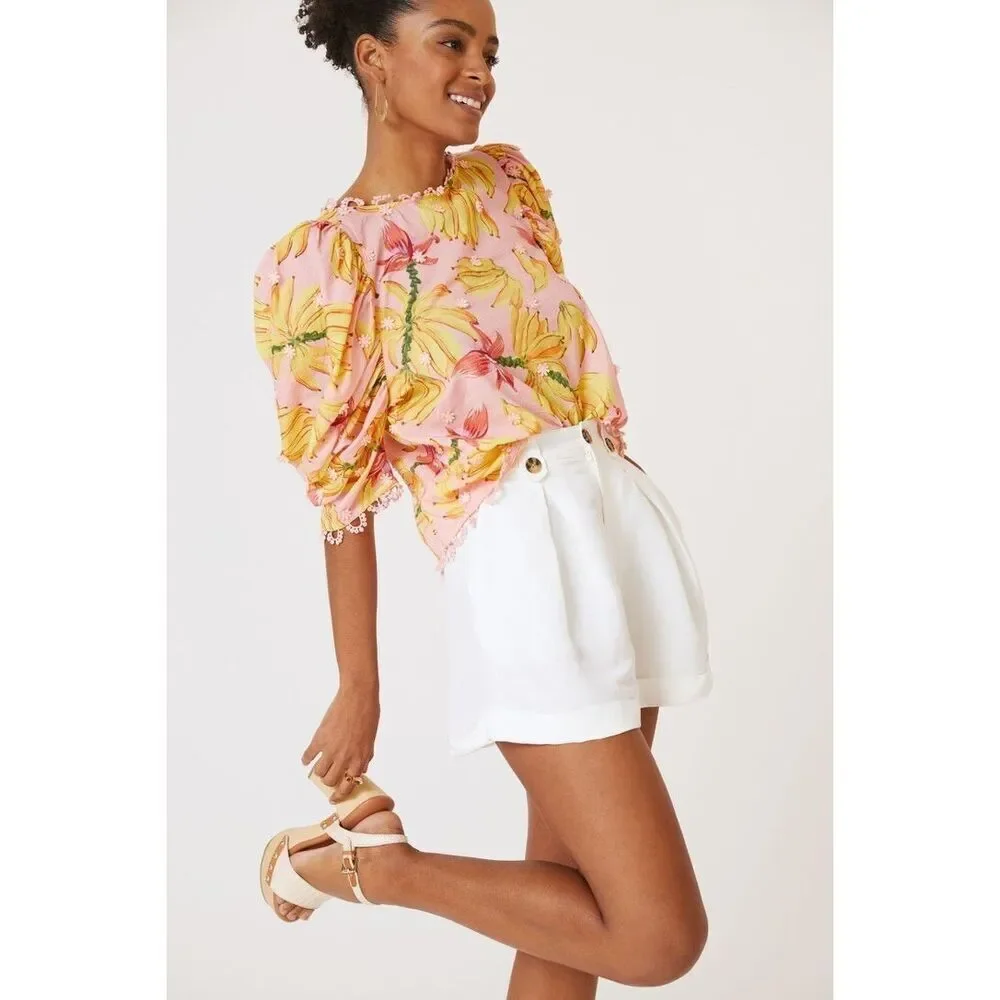 Anthropologie Farm Rio Banana Taste Applique Puff Sleeve Blouse Pink Small S NEW